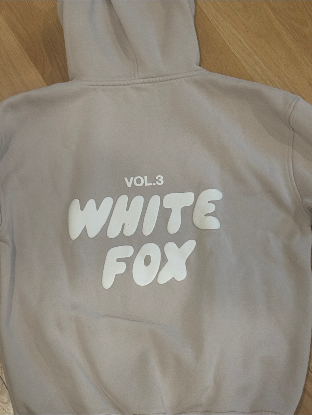 White Fox Boutique Beige Logo Hoodie with White Print